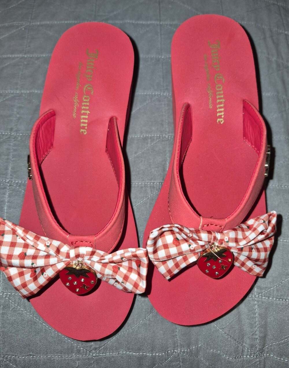 Juicy Couture Undine 2 Red Strawberry Wedge Sandals With Gingham Bow